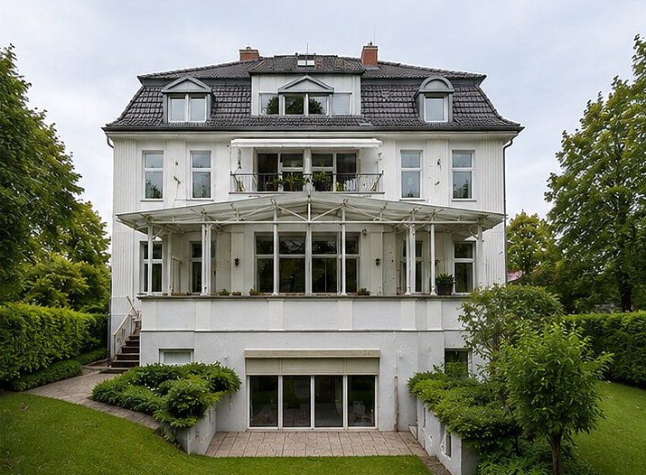 Gartenseite einer Stadtvilla mit Wintergarten