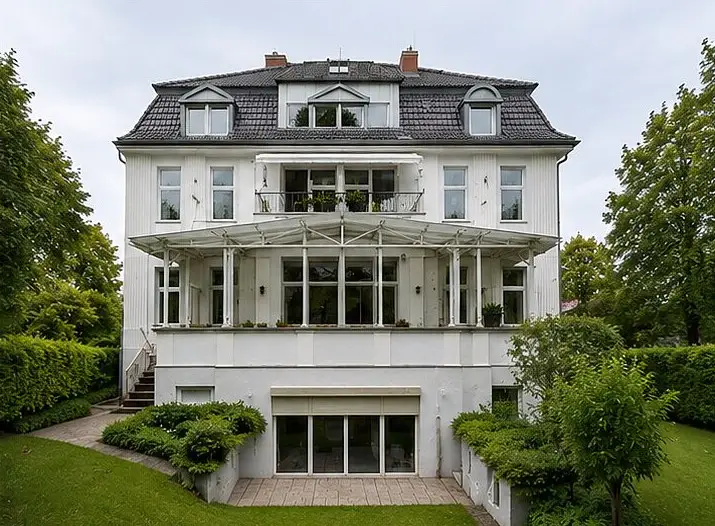 Gartenseite einer Stadtvilla mit Wintergarten